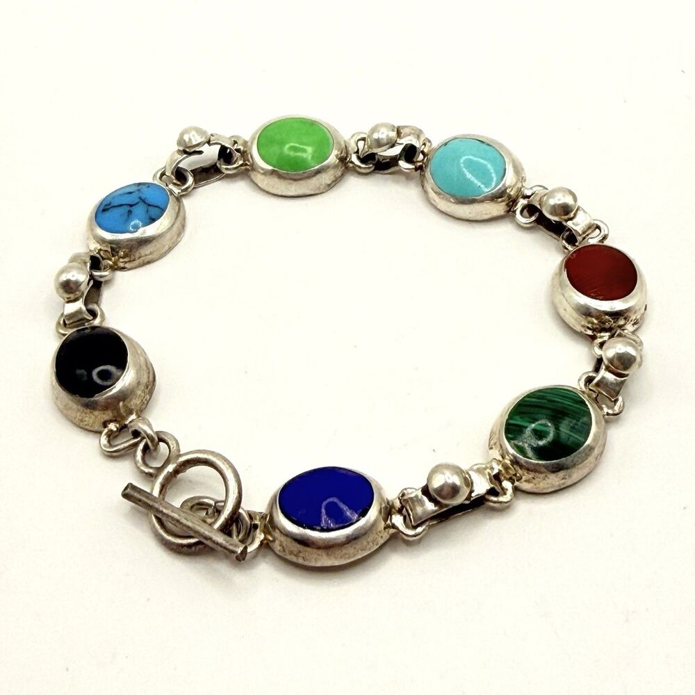 Vintage Sterling Silver Multi Stone Cabochon Link Bracelet Boho Mexican Style